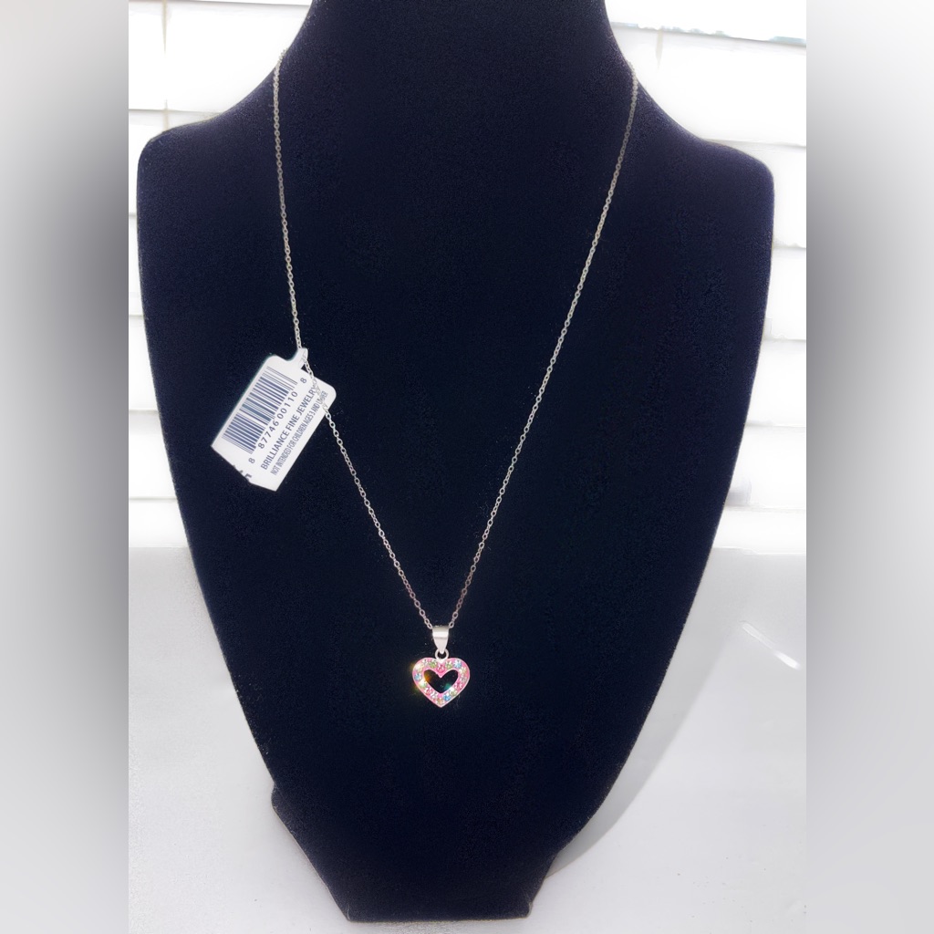 Brilliance Fine Jewelry Girl’s Sterling Silver Crystal Heart Pendant, 18” Chain